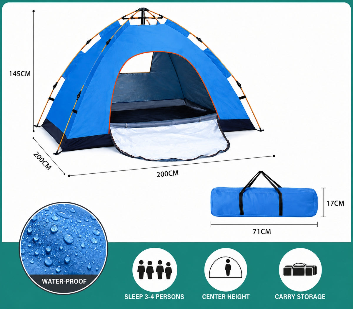 Tienda de campaña 3-4 personas/niños – medida 200x140 cm – Impermeable, varillas de fibra de vidrio y doble capa