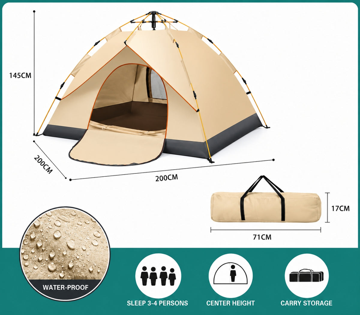 Tienda de campaña 3-4 personas/niños – medida 200x140 cm – Impermeable, varillas de fibra de vidrio y doble capa